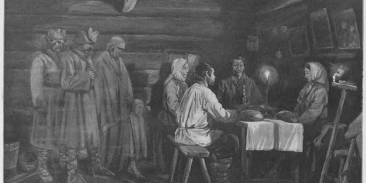 Black-and-white 1904 illustration of figures in a wooden room around a memorial supper table, representing Dziady ancestral remembrance customs.