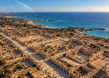 Conceptual illustration of a Greco-Roman coastal settlement in Egypt with limestone ruins beside the Mediterranean; not a factual photograph or map of Marina el-Alamein.