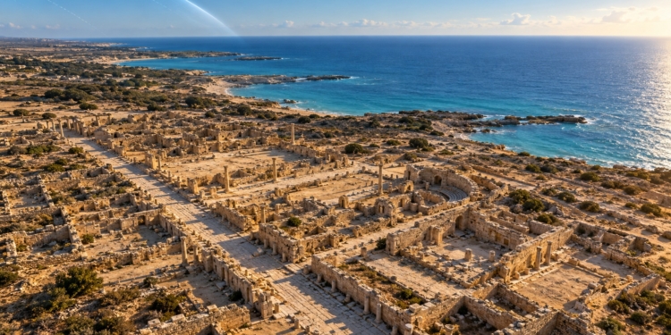 Conceptual illustration of a Greco-Roman coastal settlement in Egypt with limestone ruins beside the Mediterranean; not a factual photograph or map of Marina el-Alamein.
