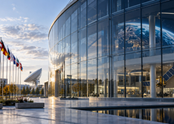 Digitally generated conceptual space technology campus with modern glass building, satellite communications equipment and Earth imagery; not an actual ESA facility.