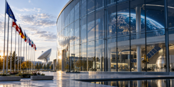 Digitally generated conceptual space technology campus with modern glass building, satellite communications equipment and Earth imagery; not an actual ESA facility.