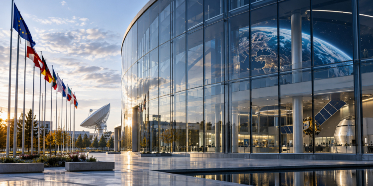 Digitally generated conceptual space technology campus with modern glass building, satellite communications equipment and Earth imagery; not an actual ESA facility.
