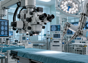 Digitally created editorial illustration of a surgical microscope and precision robotic instruments in an empty operating theatre, not a photograph of the Słupsk clinical trial.