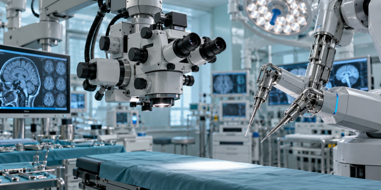 Digitally created editorial illustration of a surgical microscope and precision robotic instruments in an empty operating theatre, not a photograph of the Słupsk clinical trial.