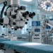Digitally created editorial illustration of a surgical microscope and precision robotic instruments in an empty operating theatre, not a photograph of the Słupsk clinical trial.