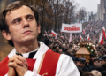AI-generated editorial composite depicting Father Jerzy Popiełuszko with a funeral crowd; not an authentic historical photograph