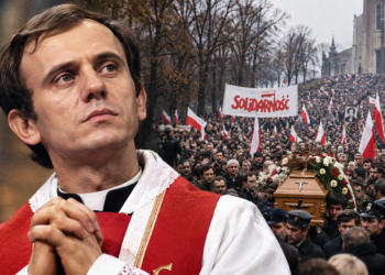 AI-generated editorial composite depicting Father Jerzy Popiełuszko with a funeral crowd; not an authentic historical photograph