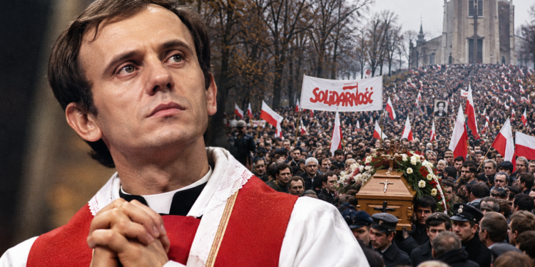 AI-generated editorial composite depicting Father Jerzy Popiełuszko with a funeral crowd; not an authentic historical photograph