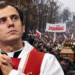 AI-generated editorial composite depicting Father Jerzy Popiełuszko with a funeral crowd; not an authentic historical photograph