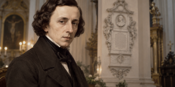 Editorial illustration of Frédéric Chopin with the Holy Cross Church memorial in Warsaw, where his heart is preserved