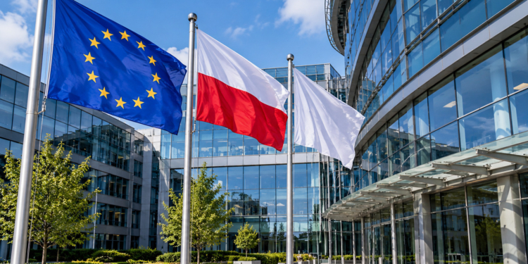 Digital illustration of EU and Polish flags flying outside a modern glass institutional building. This does not depict the actual Frontex headquarters in Warsaw.