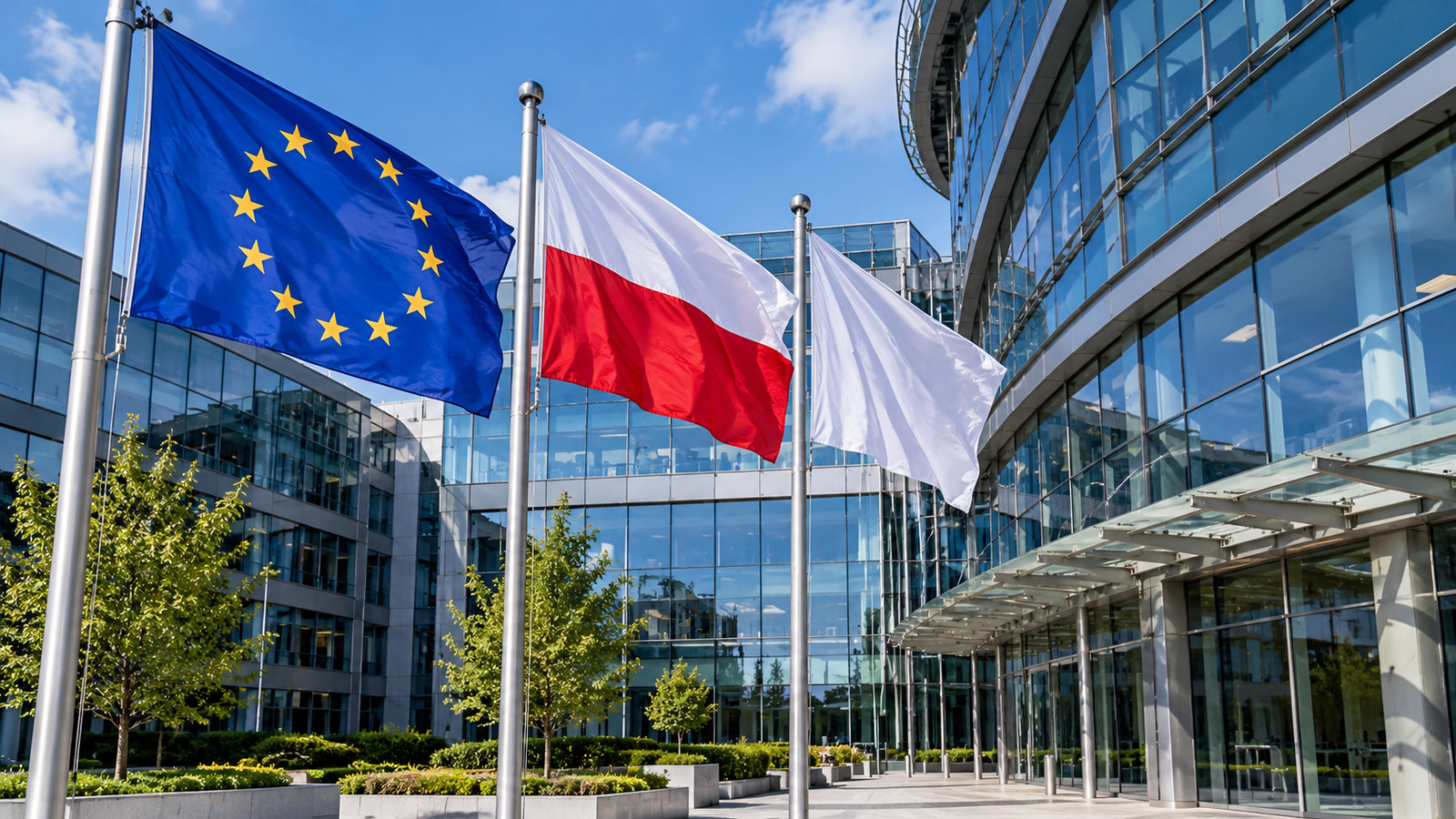 Digital illustration of EU and Polish flags flying outside a modern glass institutional building. This does not depict the actual Frontex headquarters in Warsaw.