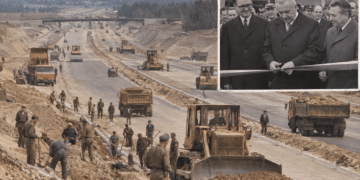 Composite showing construction of the Warsaw–Katowice route in 1976 and its official opening ceremony