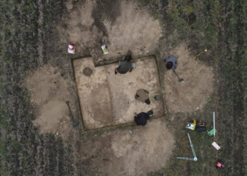 Overhead photograph of four archaeological researchers examining an excavation trench in a field at Gródek, eastern Poland. Image from the Stanisław Staszic Museum in Hrubieszów.