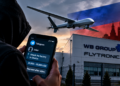 Illustrative AI composite showing fictional recruitment messages and a symbolic factory; not a real image of Flytronic, actual Telegram correspondence, or proof of Russian state involvement.