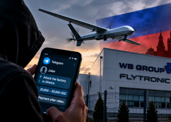 Illustrative AI composite showing fictional recruitment messages and a symbolic factory; not a real image of Flytronic, actual Telegram correspondence, or proof of Russian state involvement.