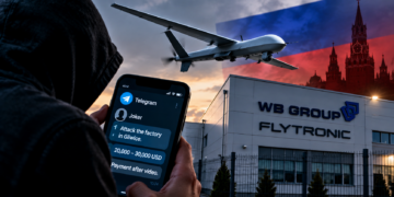 Illustrative AI composite showing fictional recruitment messages and a symbolic factory; not a real image of Flytronic, actual Telegram correspondence, or proof of Russian state involvement.
