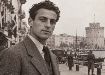 Editorial historical illustration of Jerzy Iwanow-Szajnowicz against a wartime Greek harbour setting