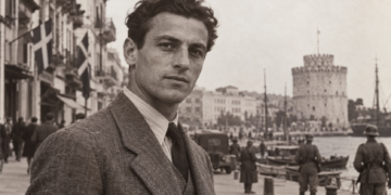 Editorial historical illustration of Jerzy Iwanow-Szajnowicz against a wartime Greek harbour setting