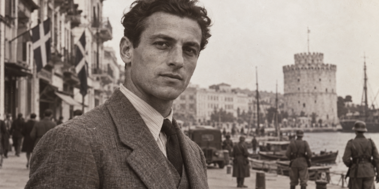 Editorial historical illustration of Jerzy Iwanow-Szajnowicz against a wartime Greek harbour setting