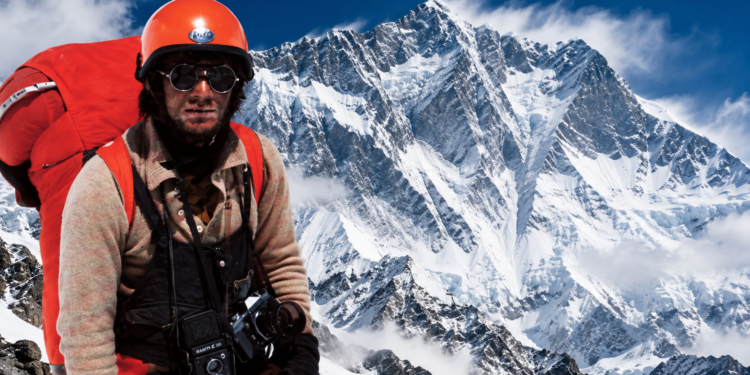 Editorial composite using an authentic photograph of Jerzy Kukuczka with an AI-generated Himalayan mountain background inspired by Lhotse