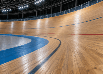 Illustrative indoor velodrome track with steep wooden banking
