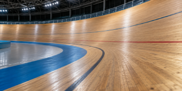 Illustrative indoor velodrome track with steep wooden banking
