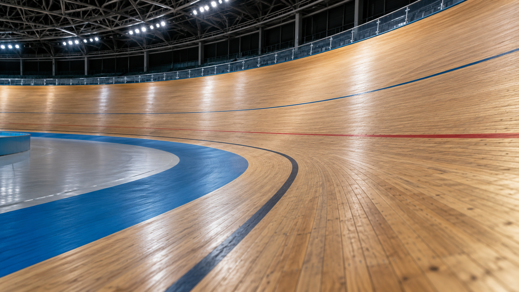Illustrative indoor velodrome track with steep wooden banking