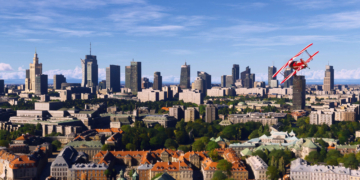 Red aircraft flying above the Warsaw skyline in Microsoft Flight Simulator World Update 23