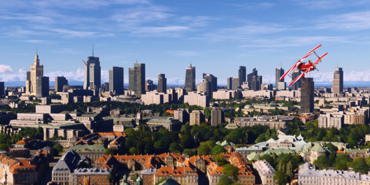 Red aircraft flying above the Warsaw skyline in Microsoft Flight Simulator World Update 23