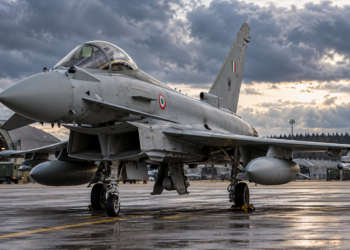 Digitally created editorial illustration of an Italian Eurofighter Typhoon at a Baltic airbase, not a photograph of the 18 October scramble.