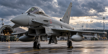 Digitally created editorial illustration of an Italian Eurofighter Typhoon at a Baltic airbase, not a photograph of the 18 October scramble.