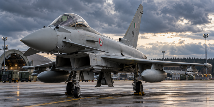 Digitally created editorial illustration of an Italian Eurofighter Typhoon at a Baltic airbase, not a photograph of the 18 October scramble.
