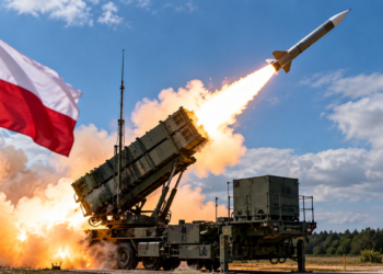 Digital editorial illustration of a Patriot-style missile launching from a mobile launcher beneath a Polish flag. Symbolic imagery, not an actual event.