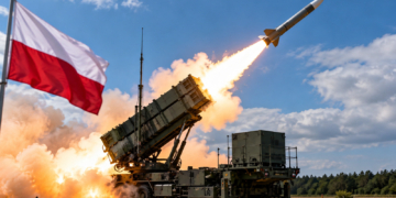 Digital editorial illustration of a Patriot-style missile launching from a mobile launcher beneath a Polish flag. Symbolic imagery, not an actual event.