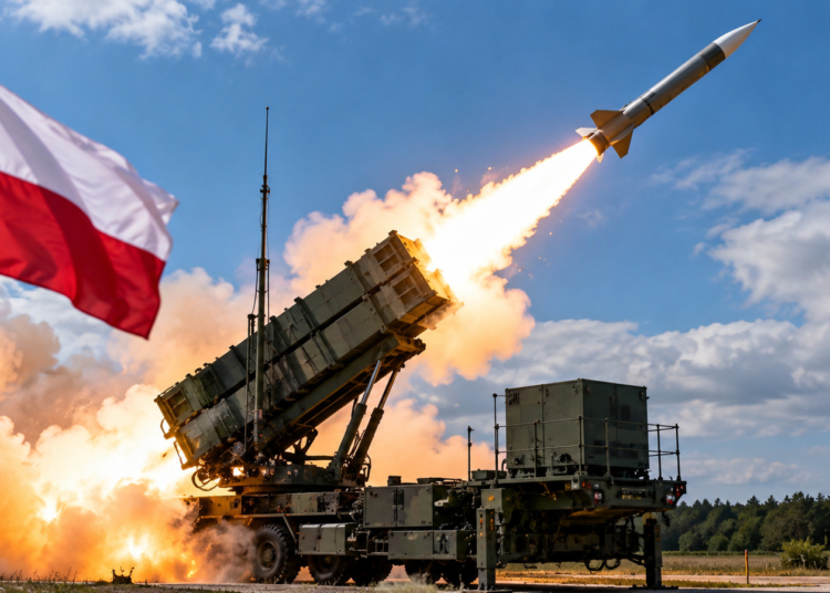 Digital editorial illustration of a Patriot-style missile launching from a mobile launcher beneath a Polish flag. Symbolic imagery, not an actual event.