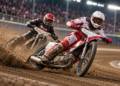 Digitally generated illustration of two anonymous speedway riders leaning into a turn on a dirt oval, with flying dirt and floodlit stands; not an actual race photograph