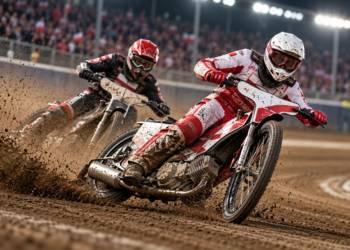 Digitally generated illustration of two anonymous speedway riders leaning into a turn on a dirt oval, with flying dirt and floodlit stands; not an actual race photograph