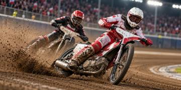 Digitally generated illustration of two anonymous speedway riders leaning into a turn on a dirt oval, with flying dirt and floodlit stands; not an actual race photograph