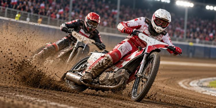 Digitally generated illustration of two anonymous speedway riders leaning into a turn on a dirt oval, with flying dirt and floodlit stands; not an actual race photograph