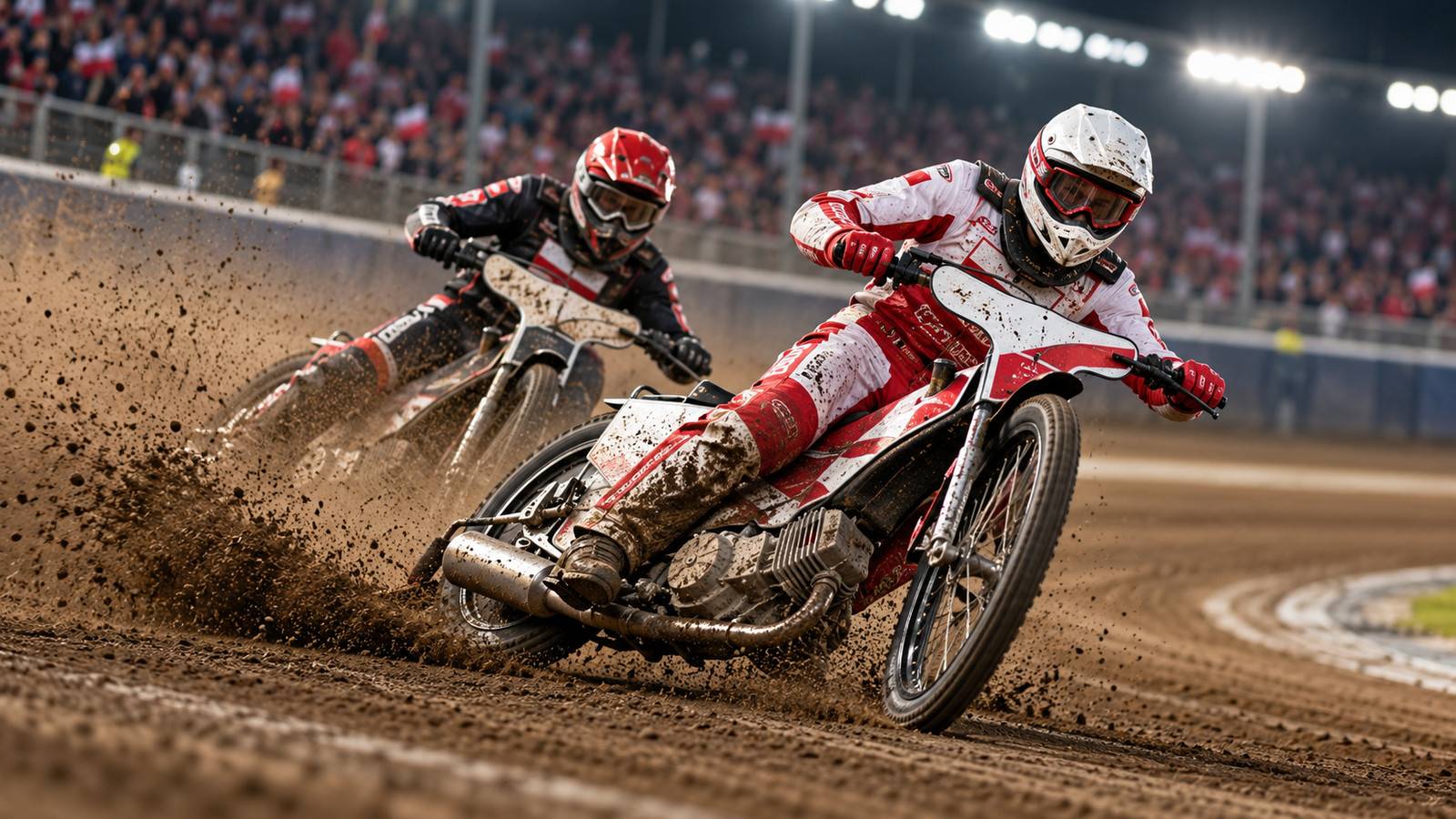 Digitally generated illustration of two anonymous speedway riders leaning into a turn on a dirt oval, with flying dirt and floodlit stands; not an actual race photograph