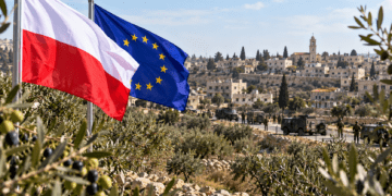 Digitally created symbolic illustration of Polish and EU flags overlooking olive groves and imagined security vehicles; not a documentary image of Taybeh, the attacks or the arrests.