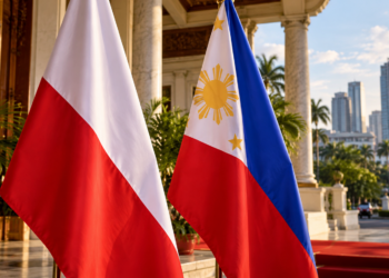 Illustrative image of Polish and Philippine flags in a formal diplomatic setting