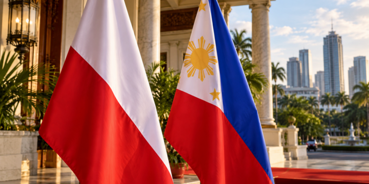 Illustrative image of Polish and Philippine flags in a formal diplomatic setting