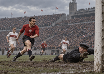 AI-generated editorial reconstruction representing Poland’s 2–1 win over the Soviet Union in Chorzów in 1957; not an authentic match photograph