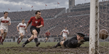 AI-generated editorial reconstruction representing Poland’s 2–1 win over the Soviet Union in Chorzów in 1957; not an authentic match photograph