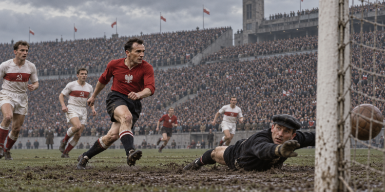 AI-generated editorial reconstruction representing Poland’s 2–1 win over the Soviet Union in Chorzów in 1957; not an authentic match photograph