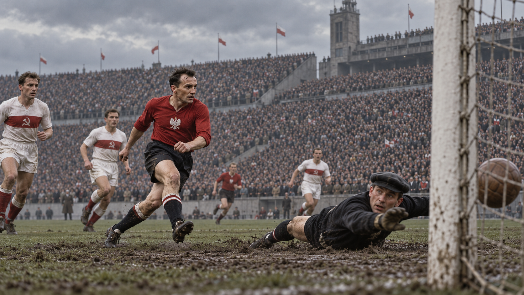 AI-generated editorial reconstruction representing Poland’s 2–1 win over the Soviet Union in Chorzów in 1957; not an authentic match photograph