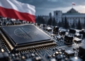 Digitally created illustration of an AI processor and Polish flag
