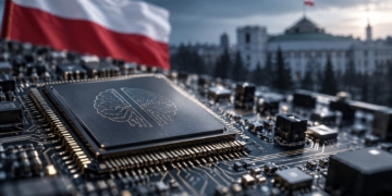 Digitally created illustration of an AI processor and Polish flag